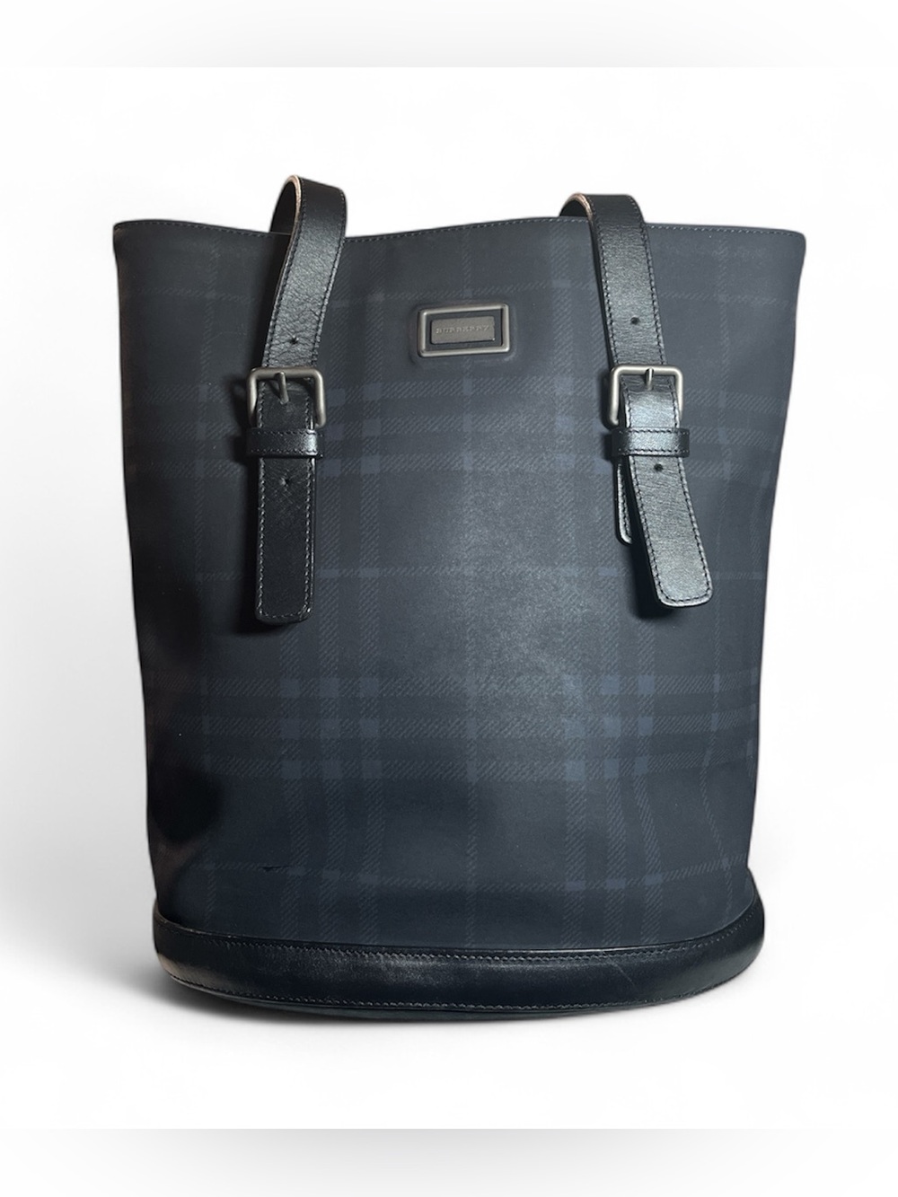 Burberry London Smoked Check Coated Canvas Bucket Tote Bag Navy Blue Leather